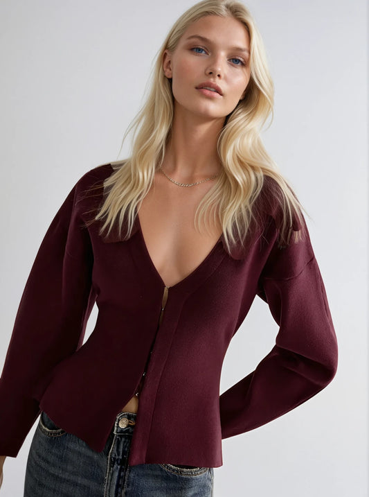 Bella Soft Heavy Knit Cardigan Top (Wine)
