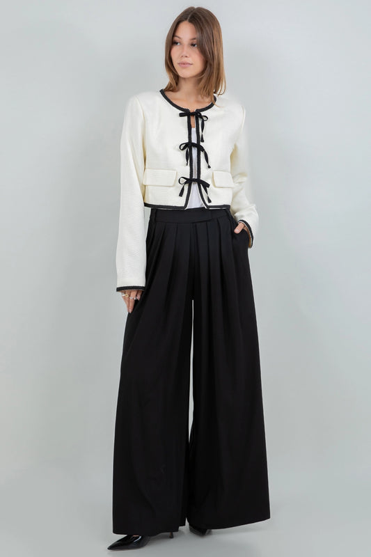 Emily Structured Woven Jacket with Contrast Ribbon Ties (White)