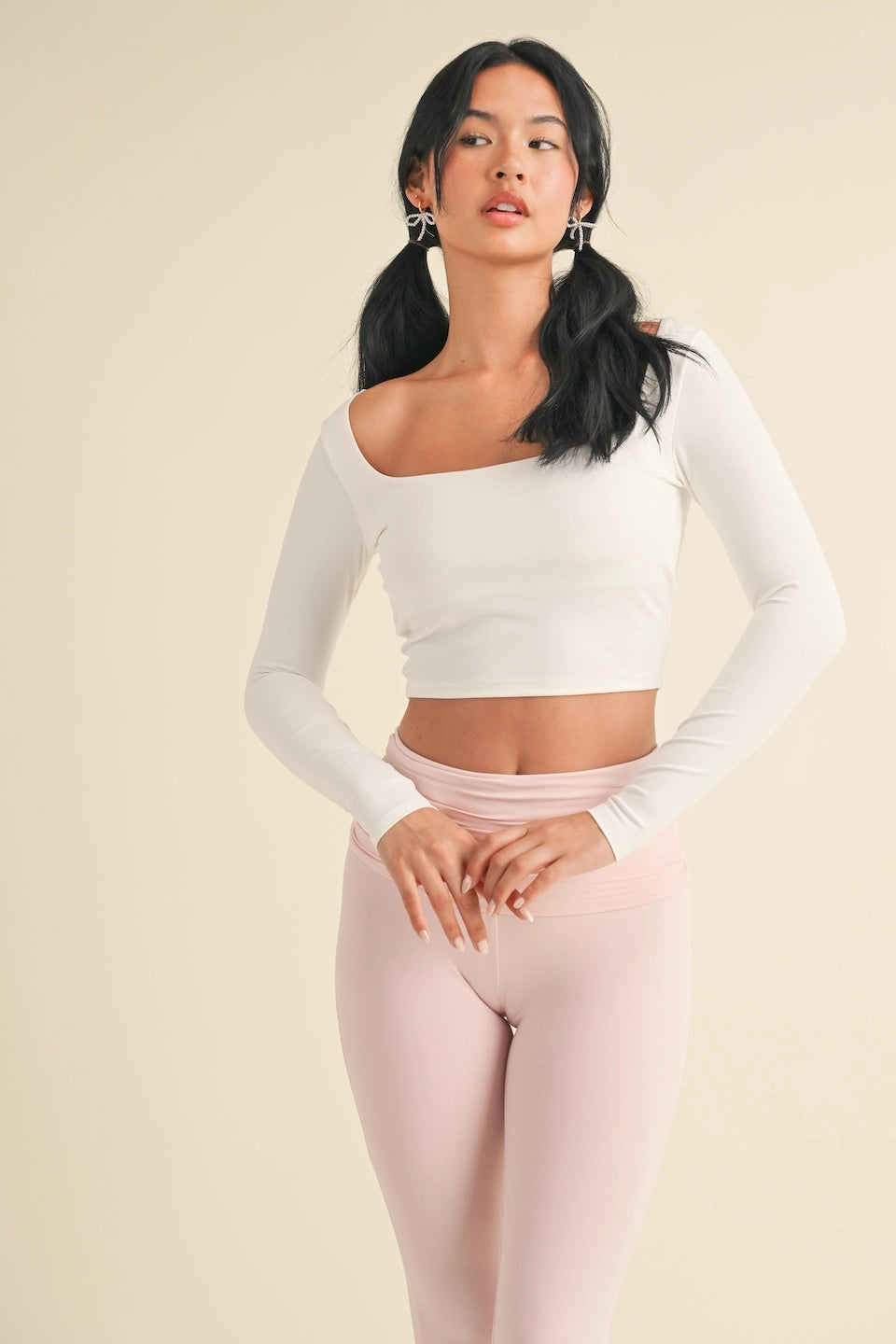 Balletcore Long Sleeve Square Neck Active Top (White)