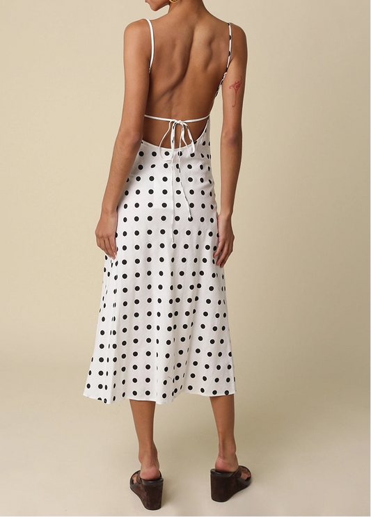 Black White Polka Dot Open-Back Maxi Women's Linen Dress