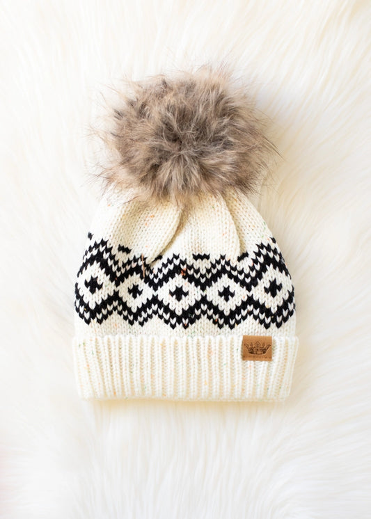 Winter Speckled Pattern Pom Hat (Cream & Black)