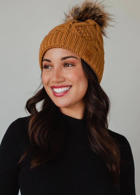 Winter Cable Knit Pom Pom Hat (Camel)