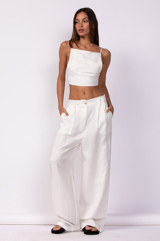 Alex Linen Open Back Crop Top (White)