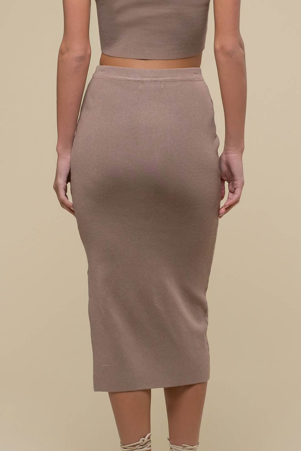 Helena Ribbed Sweater Knit Midi Skirt with Slit (Tan)