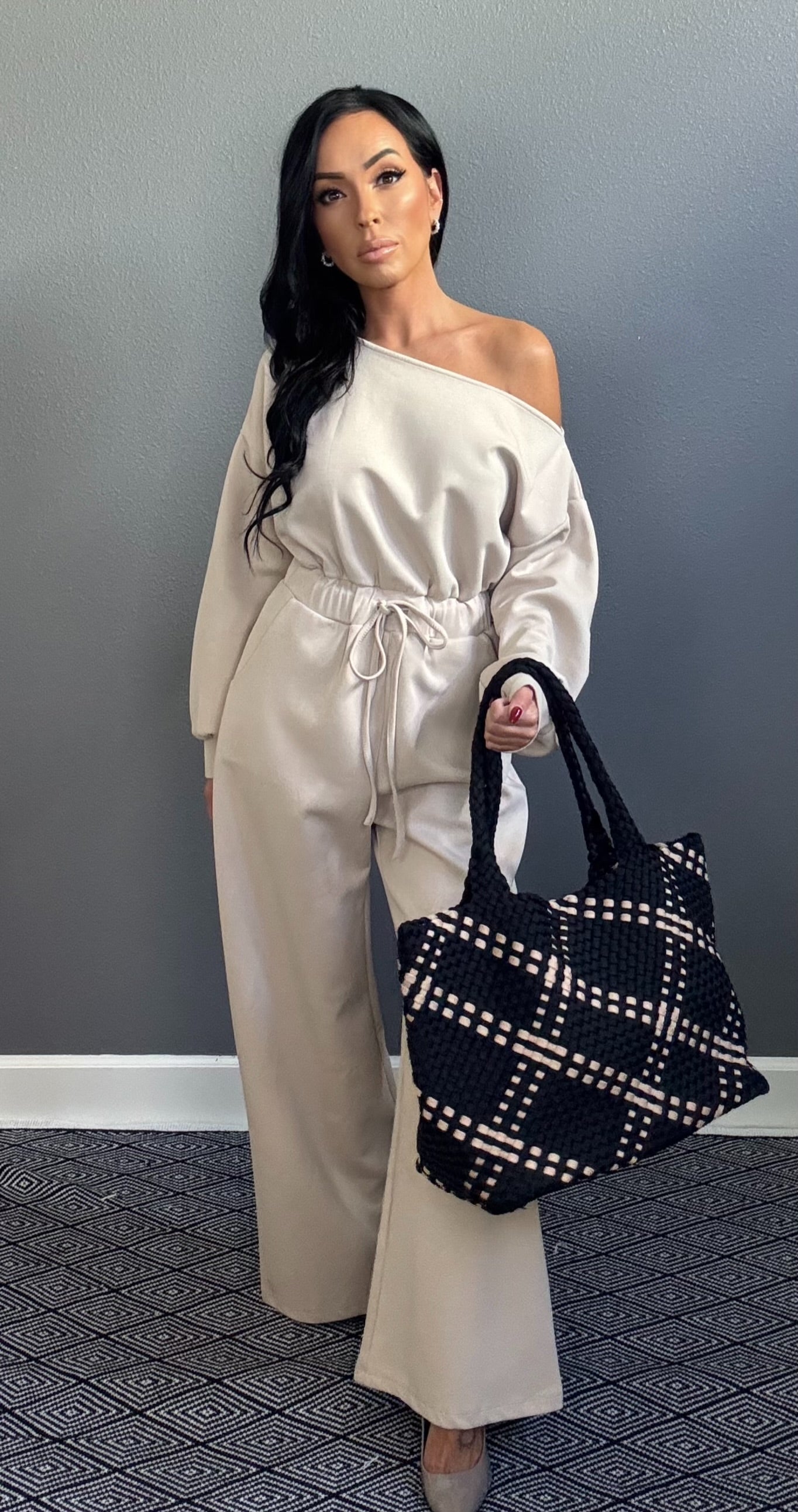 SCARLETT OFF SHOULDER LOUNGE JUMPSUIT (SAND)