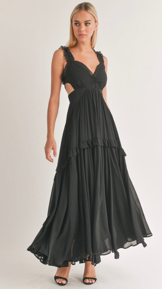 Golden Hour Chiffon Cutout Maxi Dress (Black)