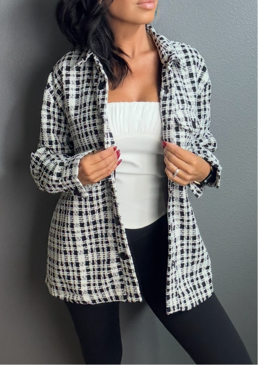 ANA TWEED OVERSIZED BLACK & WHITE PLAID BLAZER JACKET