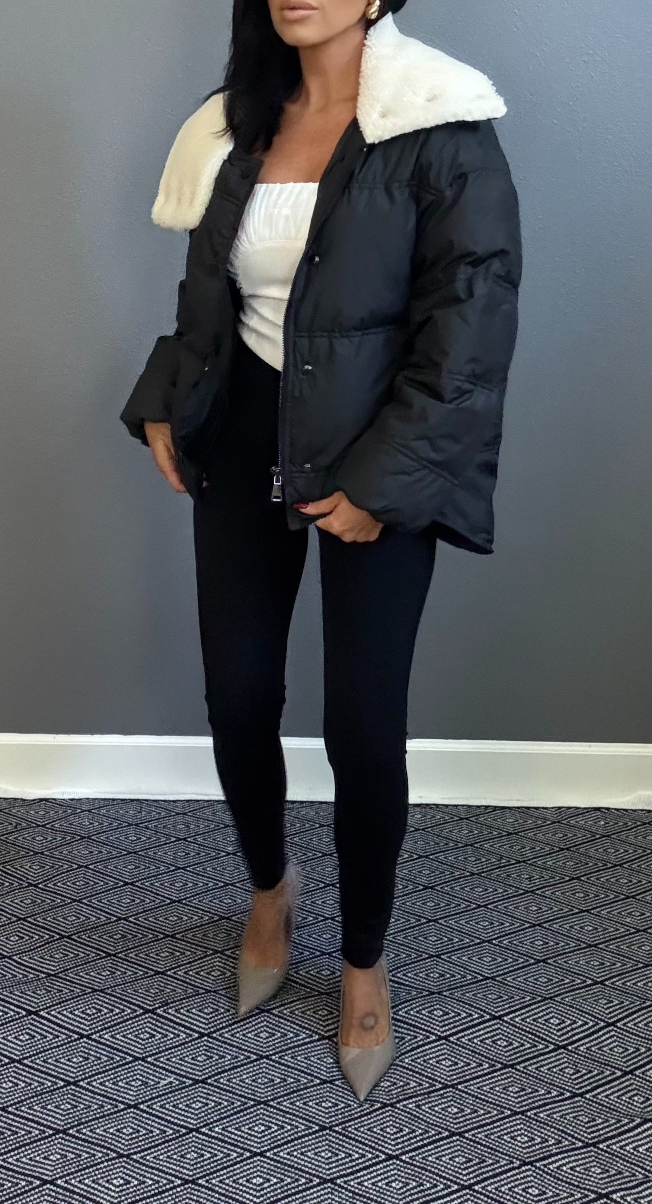 MONICA SHERPA TRIM PUFFER COAT (BLACK)