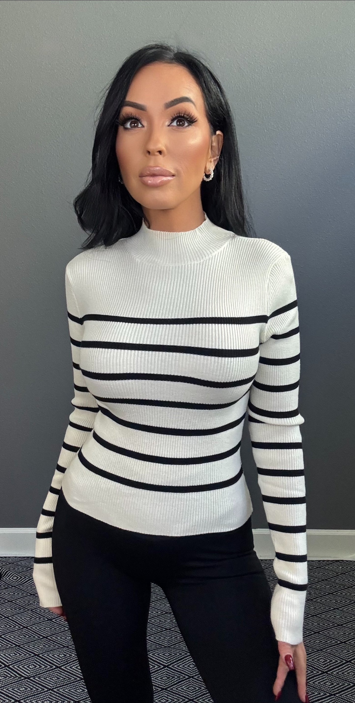 EMMELINE STRIPED MOCK NECK TOP (CREAM w/ BLACK)