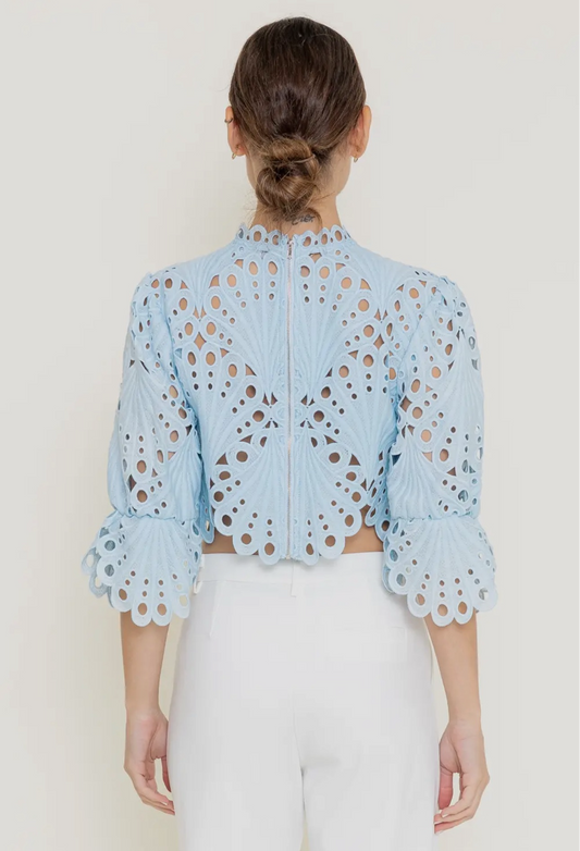 The Margot Eyelet Scalloped Top Blouse (Blue)