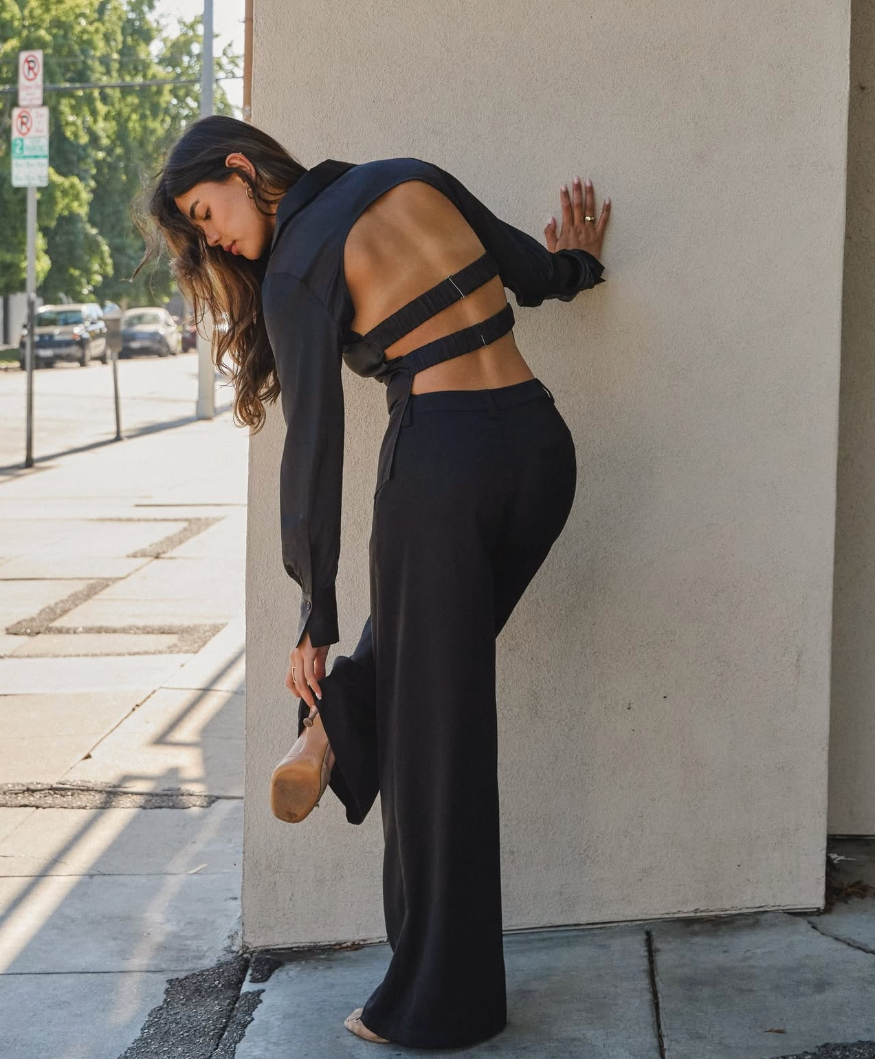 Halsey Satin Open Back Shirt (Black)