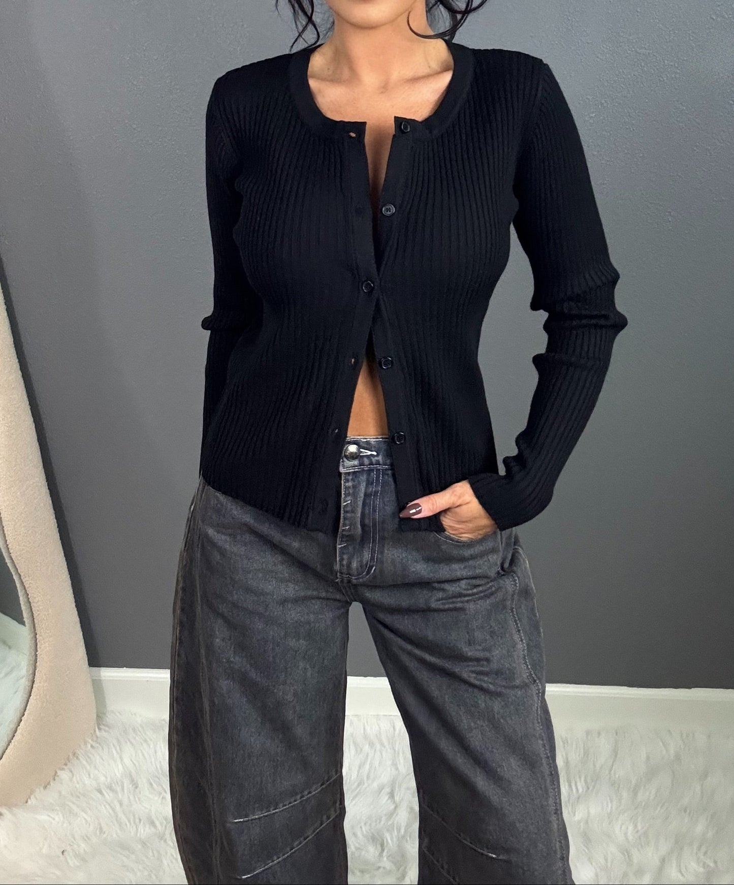 Ribbed Knit Soft Button Sweater Cardigan (Black)