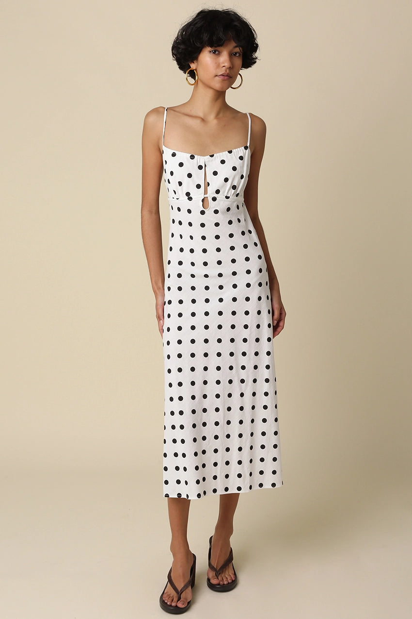Melanie Polka Dot Open-Back Maxi Dress (Black & White)