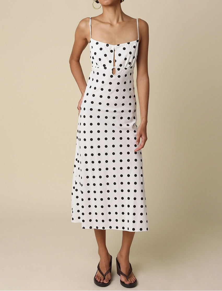 Melanie Polka Dot Open-Back Midi Linen Dress (Black & White) – LOTIV