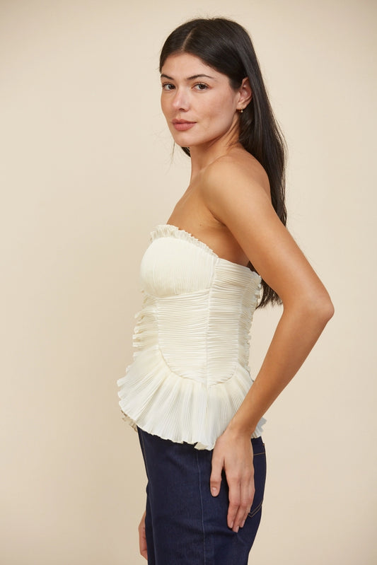 Gaia Bustier Pleated Strapless Top (Cream)