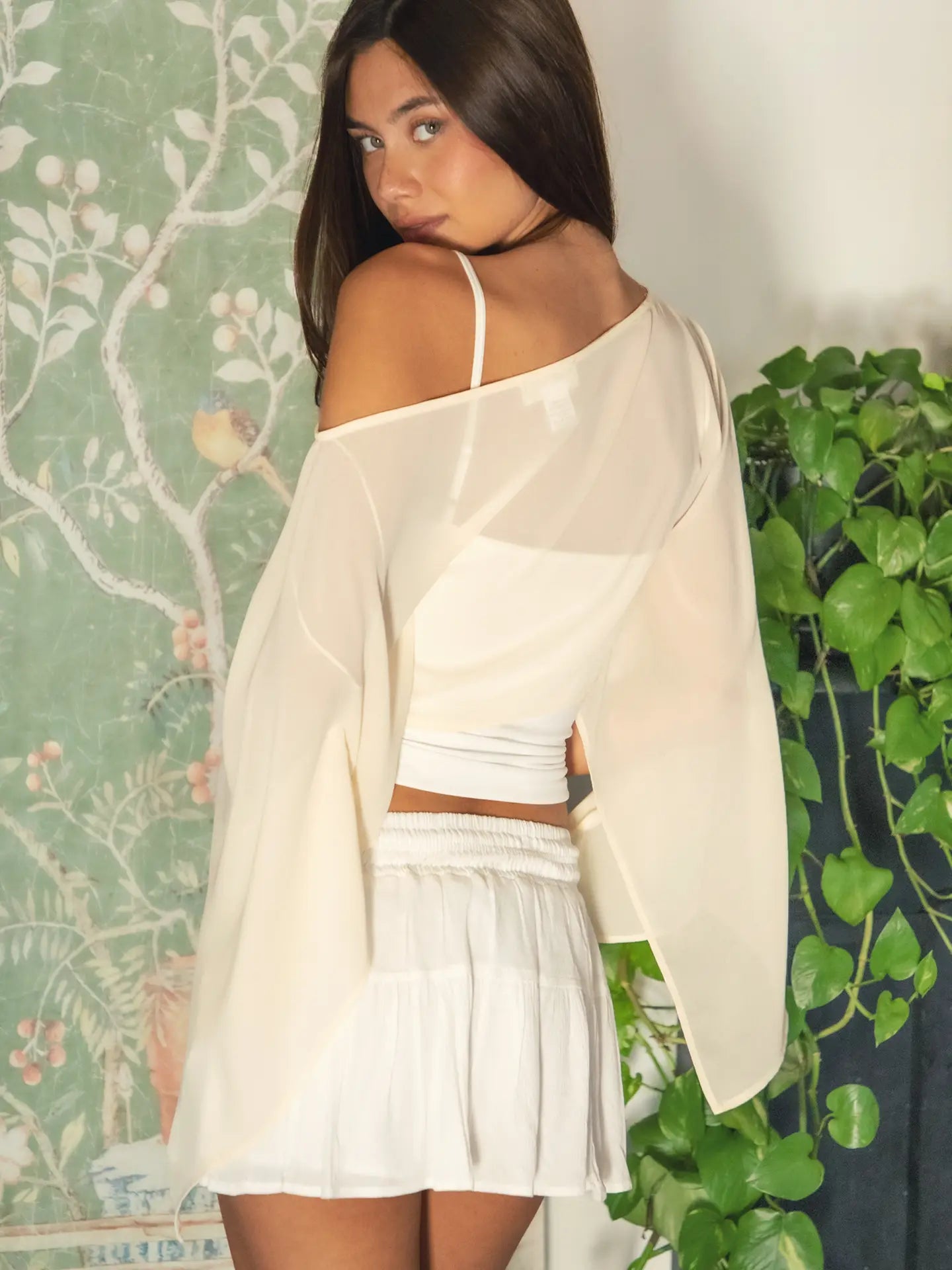 Cream Sheer Overlay Cape Shawl Women's Blouse Top
