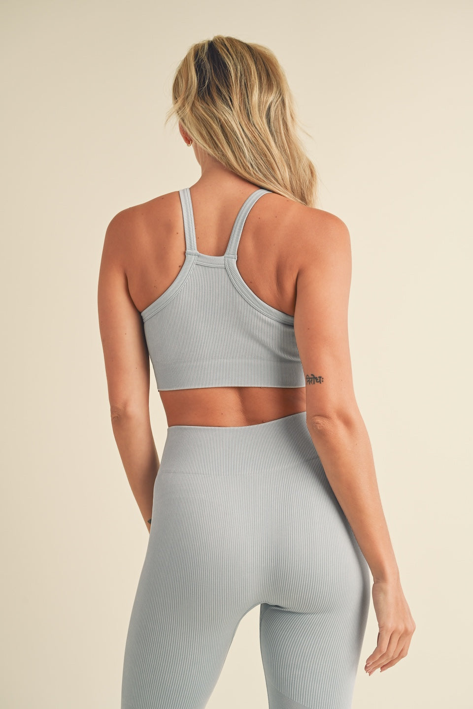 PILATES PRINCESS SEAMLESS RIBBED HIGH NECK BRA & LEGGING SET (POWDER BLUE)