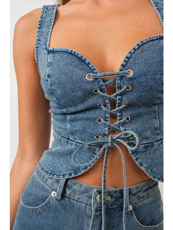 Talia Lace Up Front Jean Bustier Top ( Blue Denim)