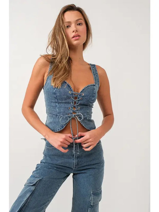 Talia Lace Up Front Jean Bustier Top ( Blue Denim)