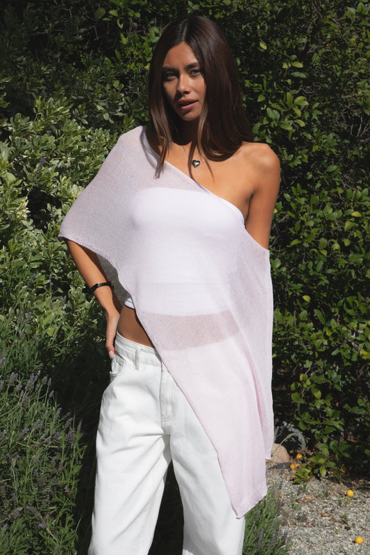 The Soleil Off Shoulder Sheer Knit Cape Top (Light Blush)
