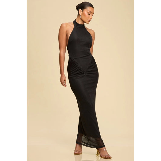 Mila Metallic Knit Halter Lined Maxi Dress (Black)
