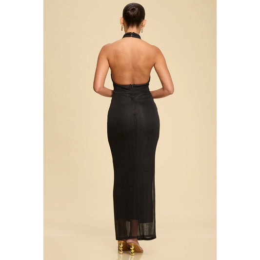 Mila Metallic Knit Halter Lined Maxi Dress (Black)