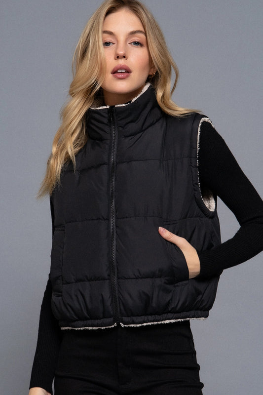 Naz Puffer Sherpa Lined Vest (Black & Cream)