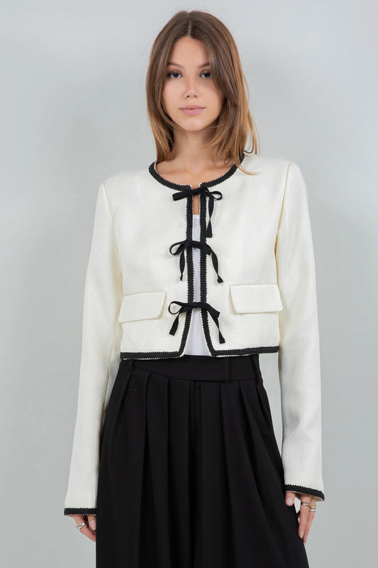 Emily Structured Woven Jacket with Contrast Ribbon Ties (White)