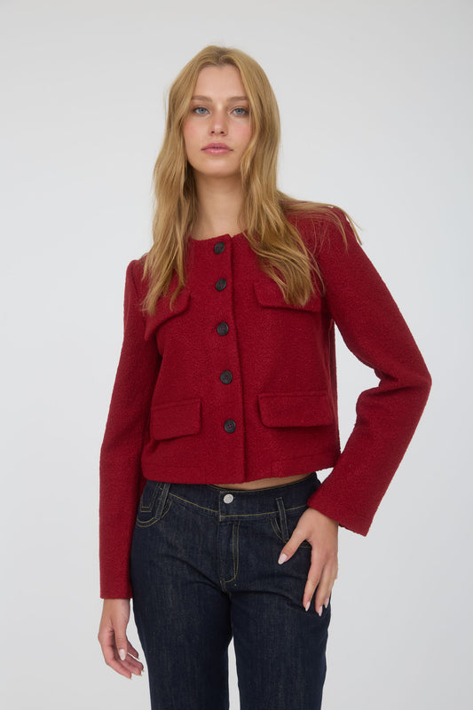 Kaia Button Down Solid Tweed Jacket (Deep Red)