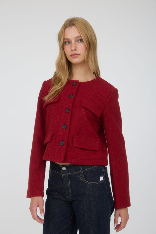 Kaia Button Down Solid Tweed Jacket (Deep Red)