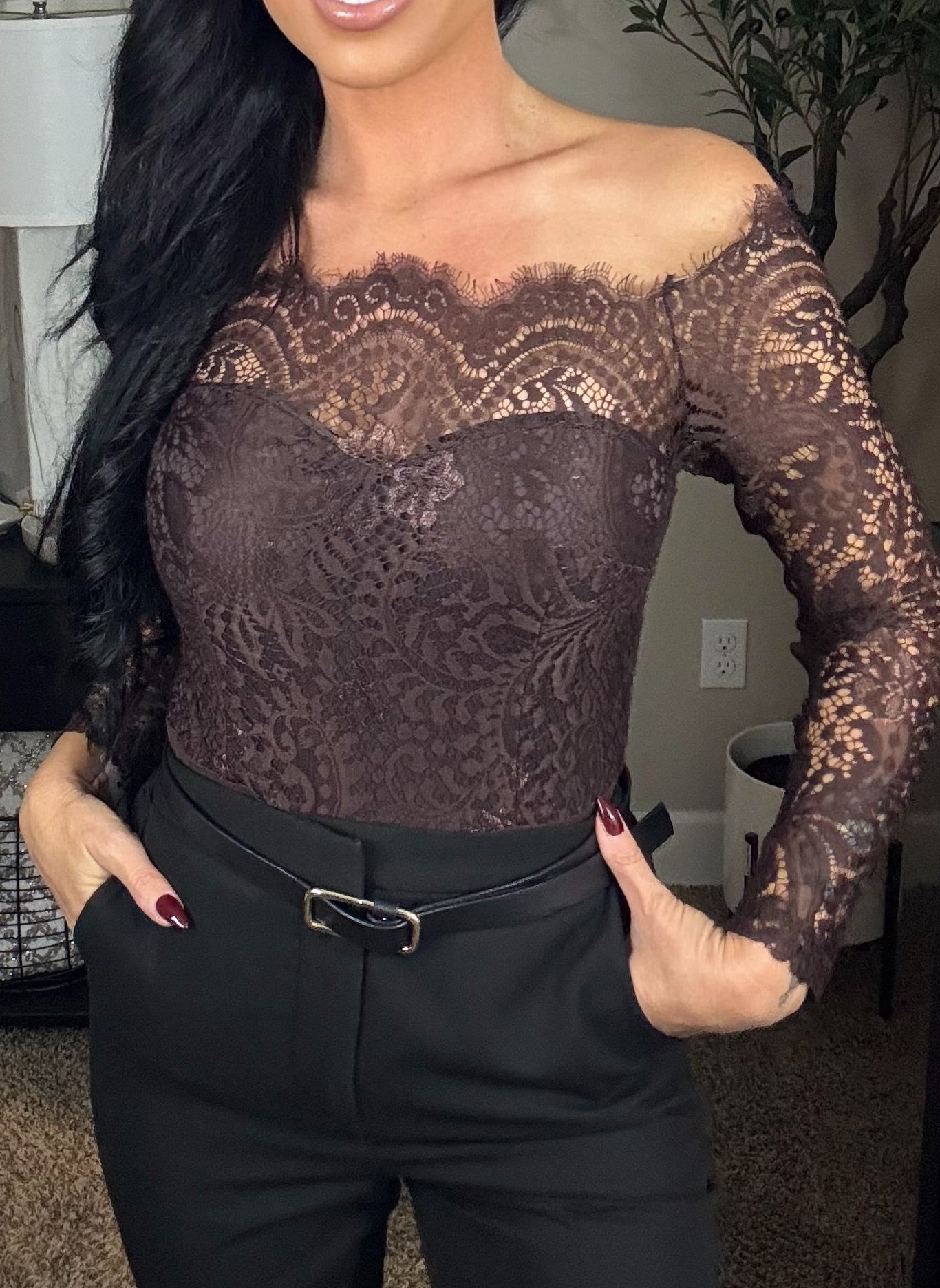 Hamlin Off Shoulder Lace Bodysuit (Brown)