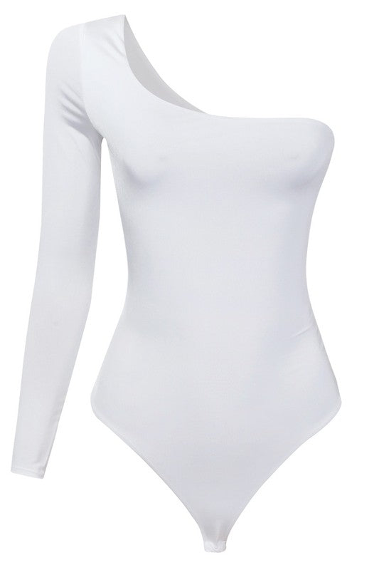 Bonjour One Shoulder Stretch Bodysuit Top (White)