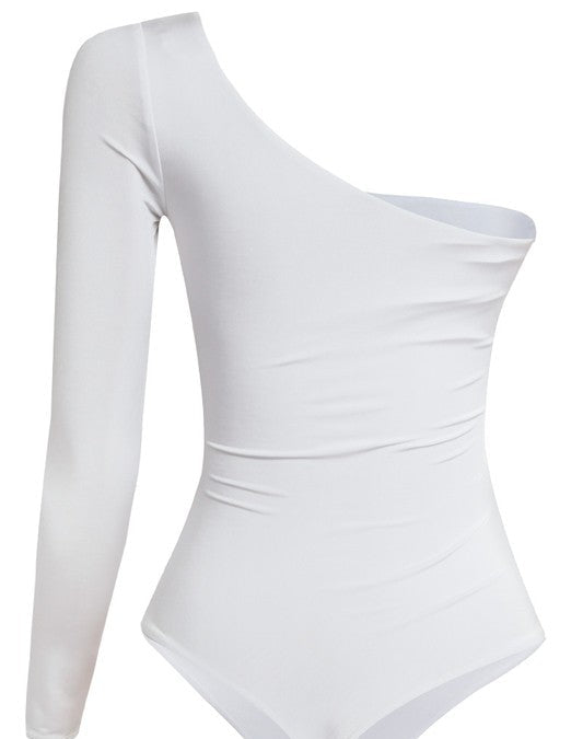 Bonjour One Shoulder Stretch Bodysuit Top (White)