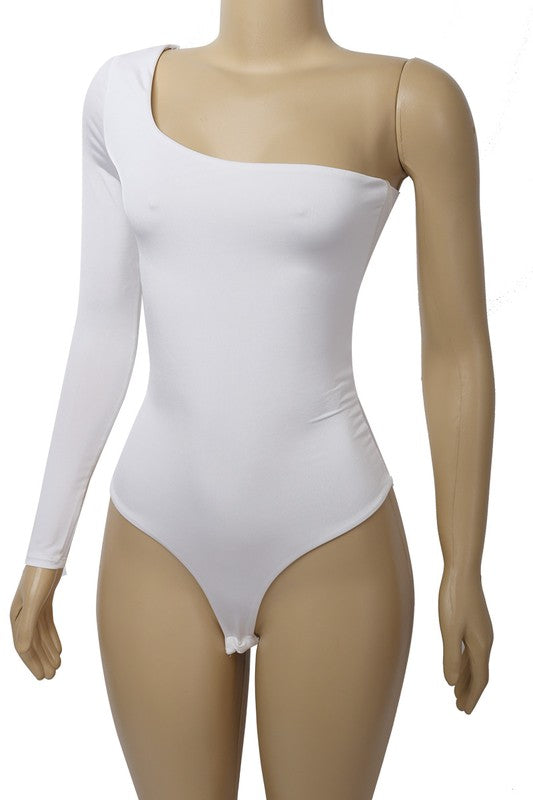 Bonjour One Shoulder Stretch Bodysuit Top (White)