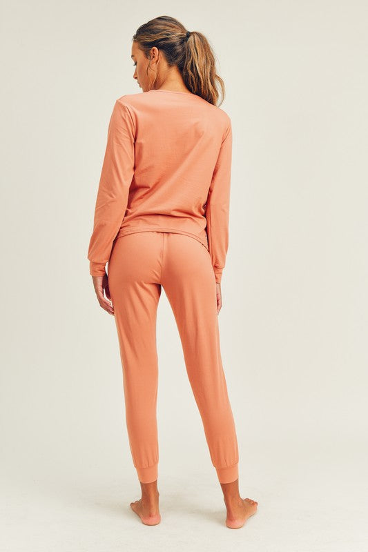 Averly Brushed Soft Long Sleeve & Lounge Pant Set (Apricot)