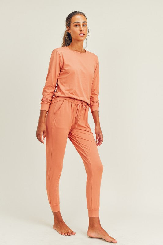 Averly Brushed Soft Long Sleeve & Lounge Pant Set (Apricot)