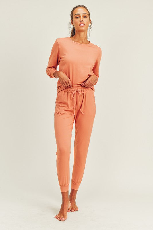 Averly Brushed Soft Long Sleeve & Lounge Pant Set (Apricot)