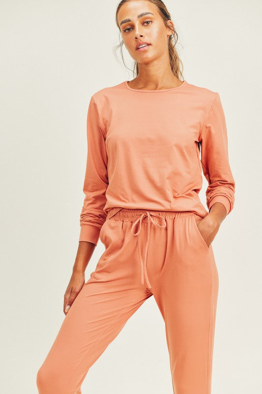 Averly Brushed Soft Long Sleeve & Lounge Pant Set (Apricot)