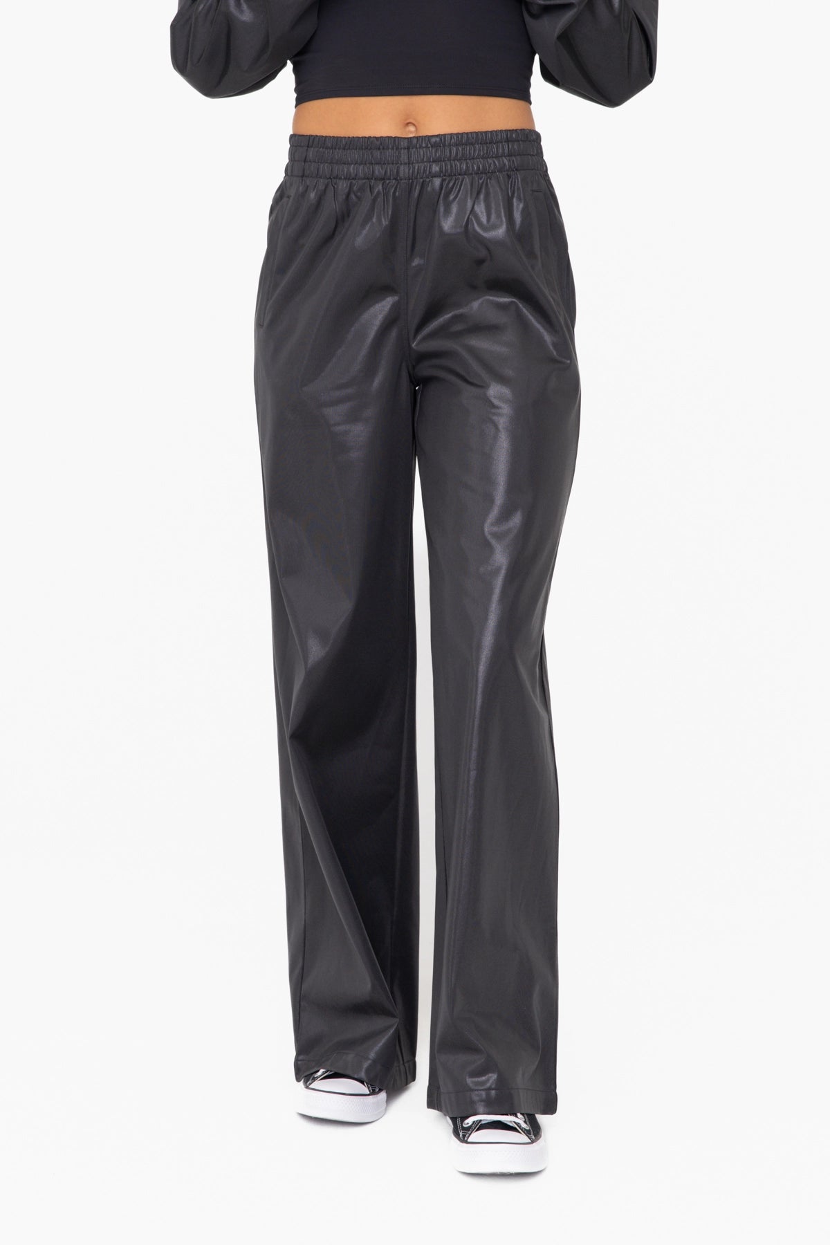 Kelley Wide Leg Stretch Shine Pants (Black)