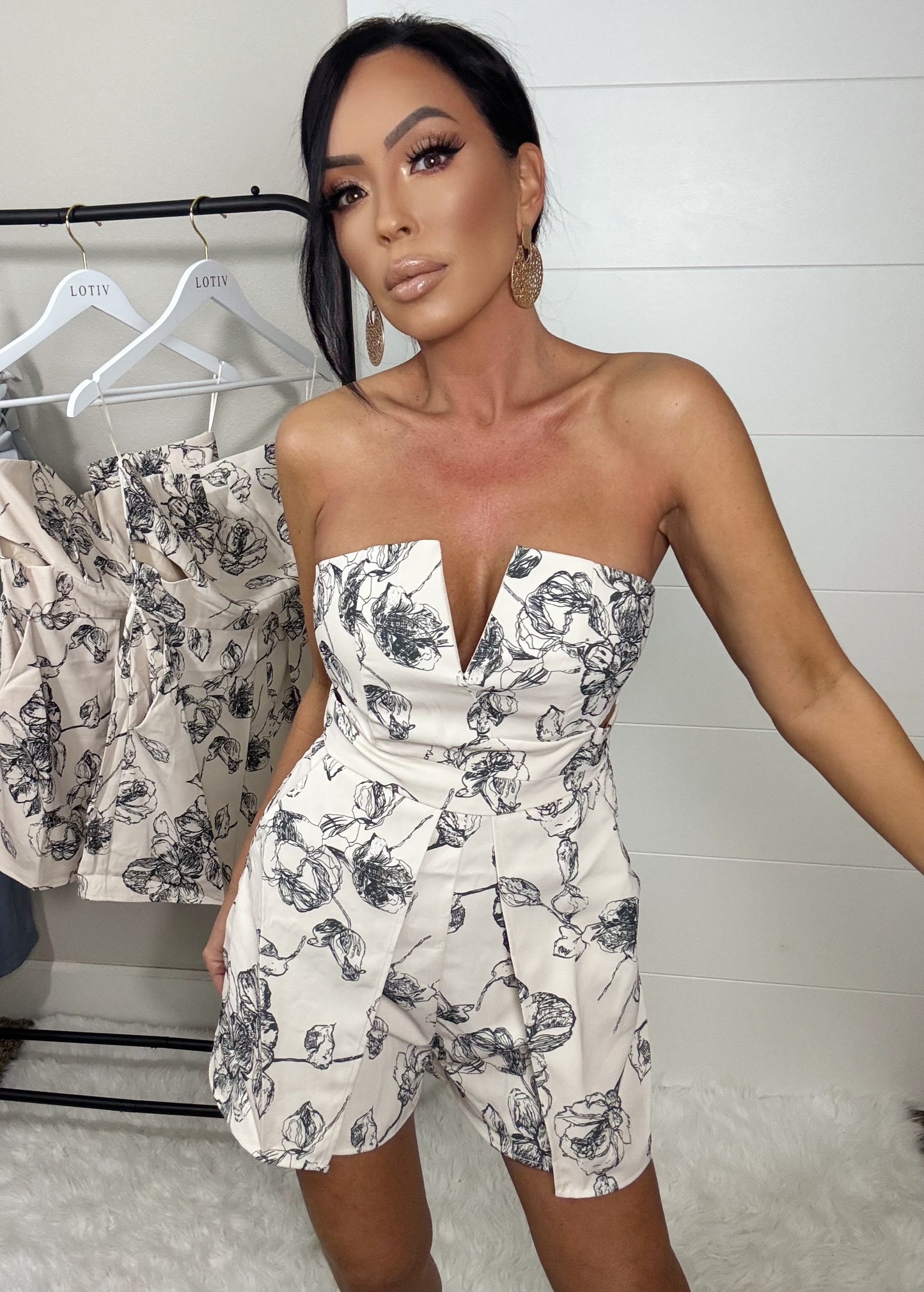 Noroc Strapless Floral Overlay Romper (Cream)