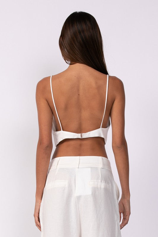 Alex Linen Open Back Crop Top (White)