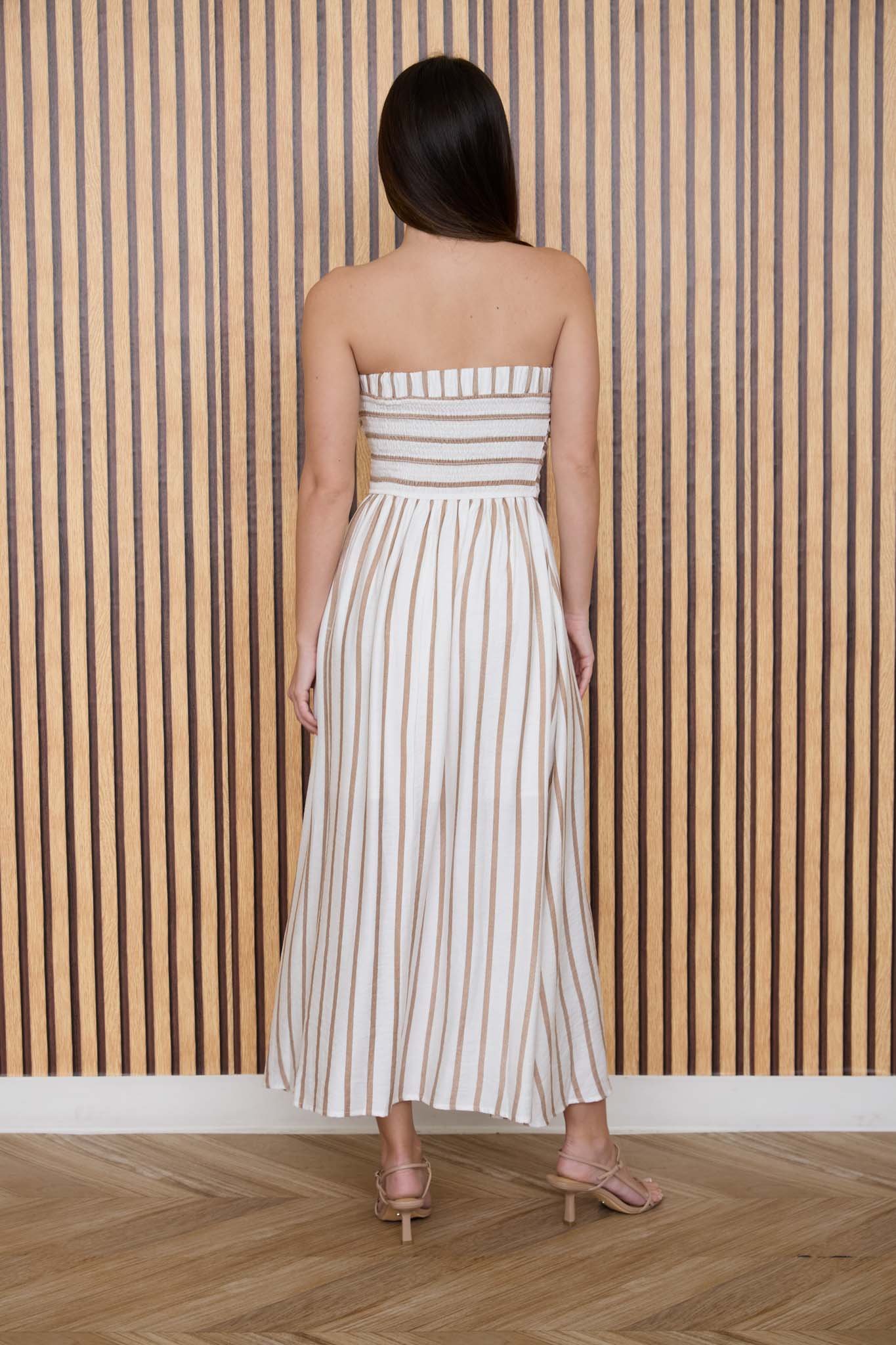 Regann Strapless Stripe Midi Dress (Brown)