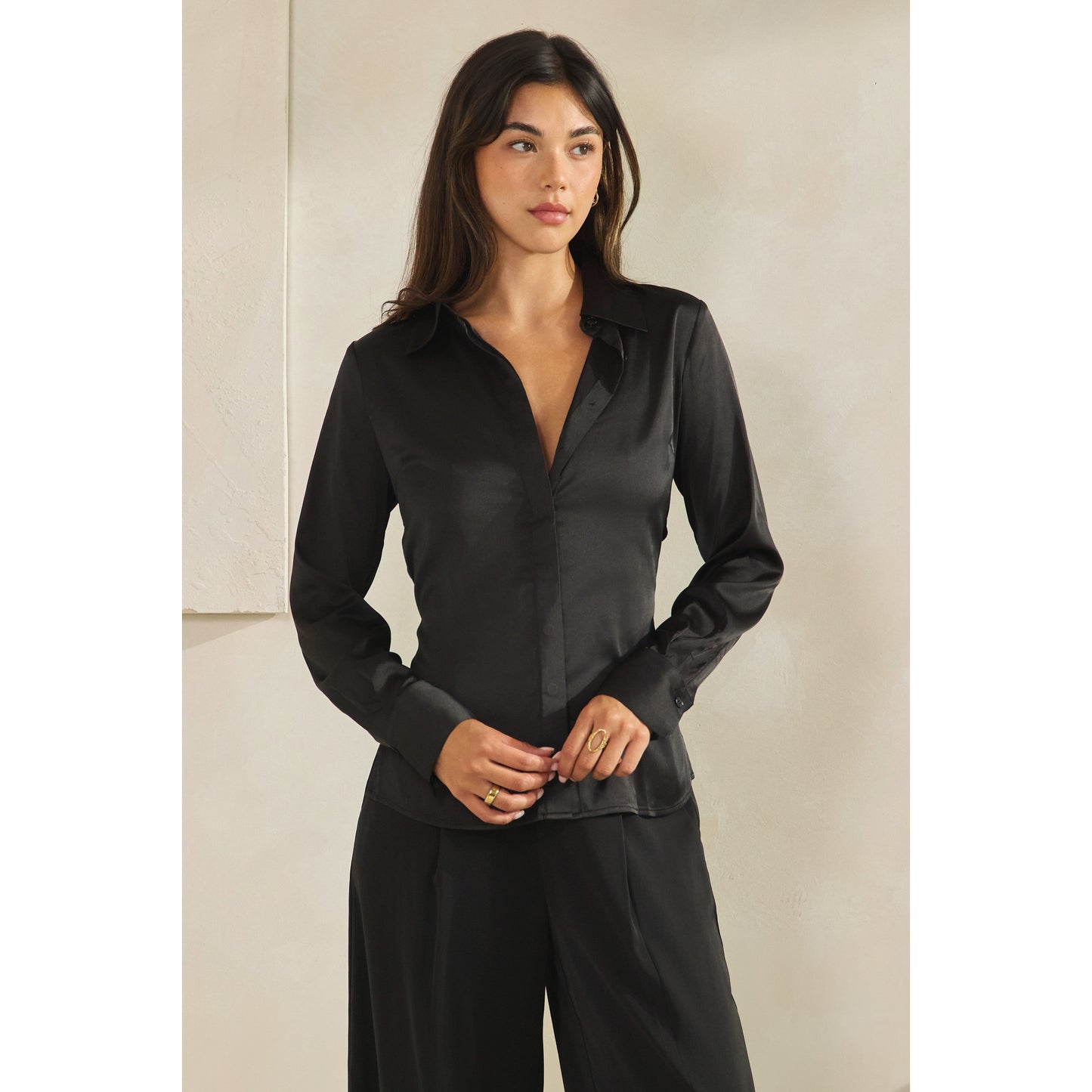 Halsey Satin Open Back Shirt (Black)