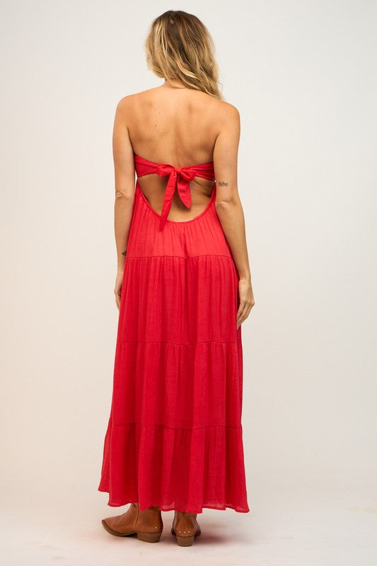 Red Strapless Vacation Resort Summer Maxi Dress