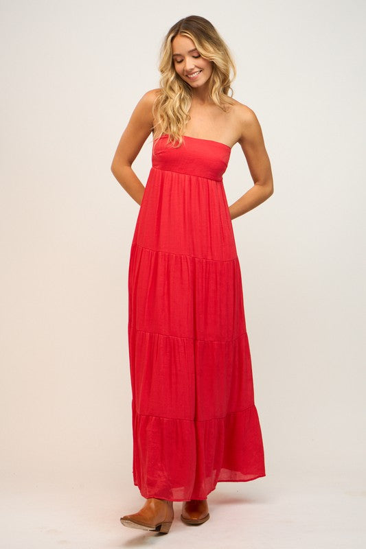 Red Bright Maxi Babydoll Tube Strapless Festival Coachella Western Dress