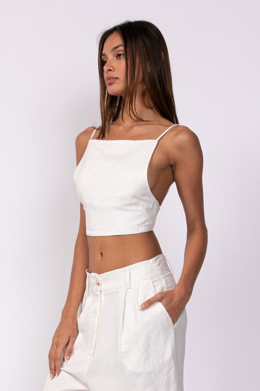 Alex Linen Open Back Crop Top (White)
