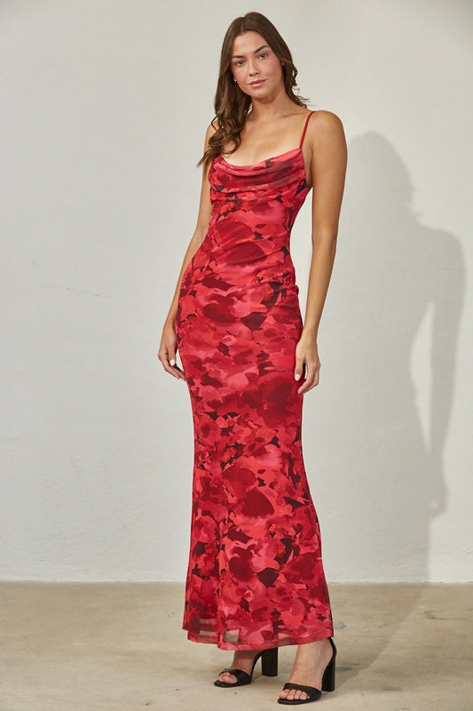 Red Floral Cowl Neck Maxi Women's Lotiv Dresses Slip Dress