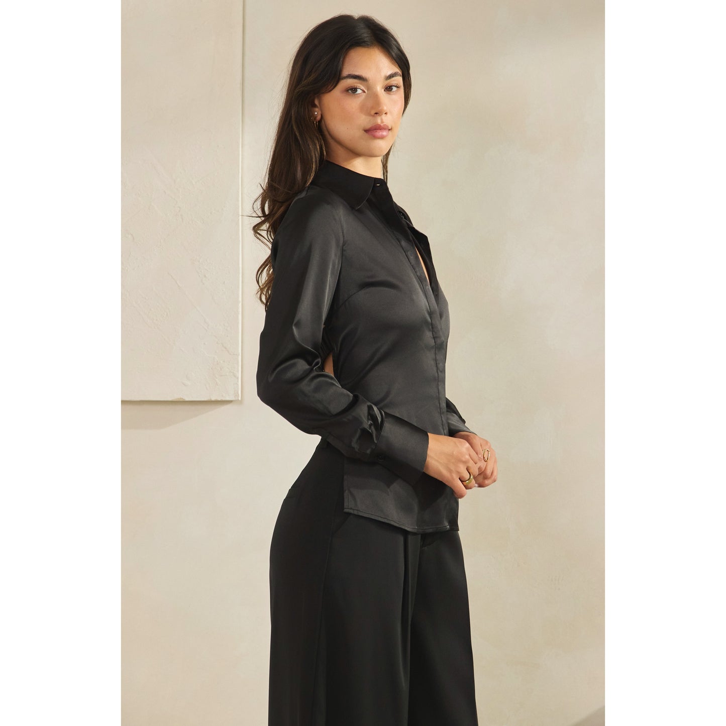Halsey Satin Open Back Shirt (Black)