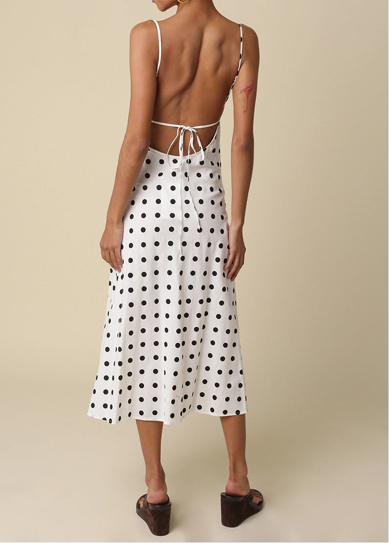 Black  White Polka Dot Open-Back Maxi Women's Linen Dress 