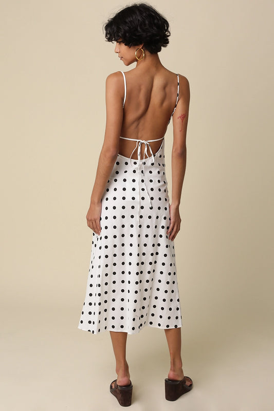 Melanie Polka Dot Open-Back Maxi Dress (Black & White)